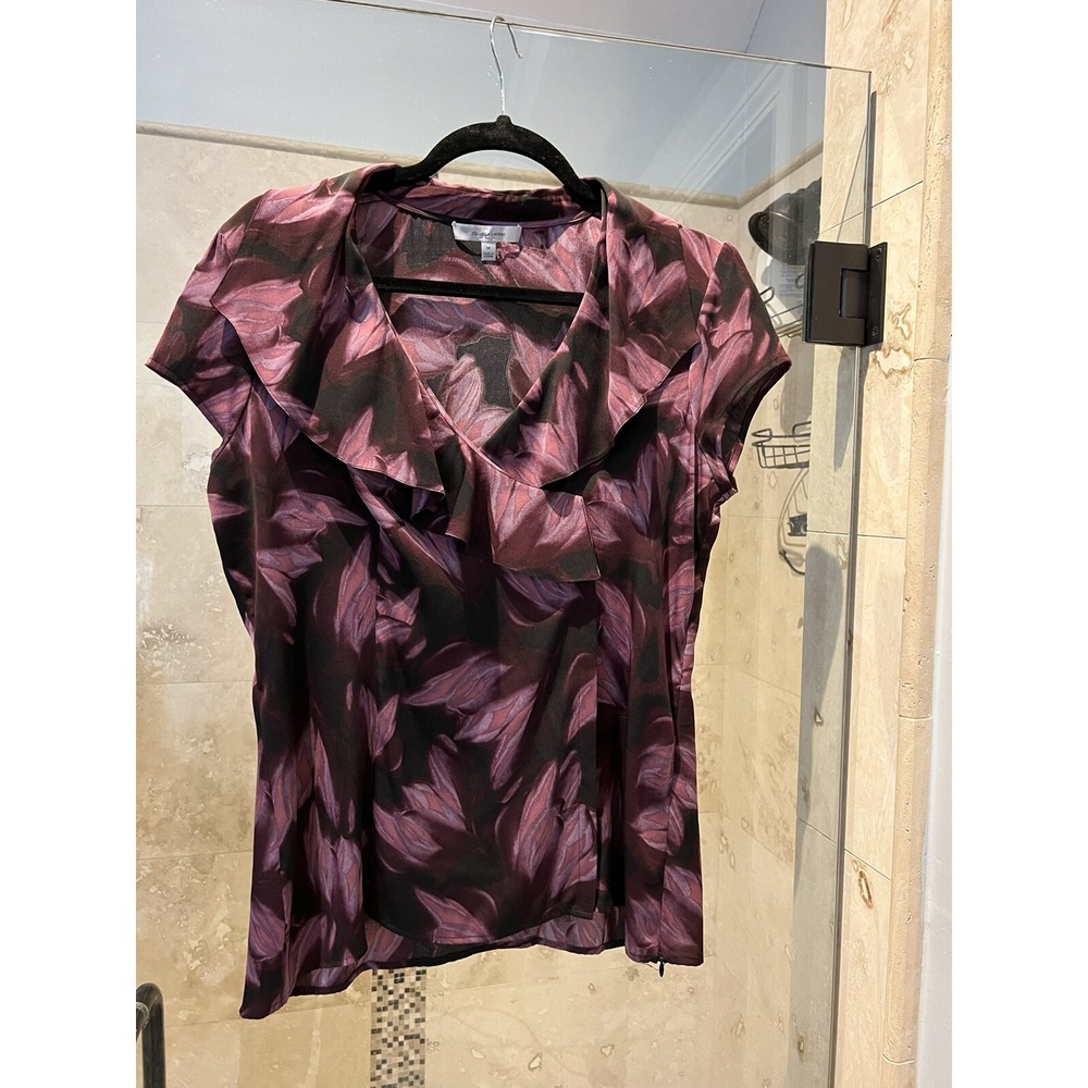 Classiques Entier Purple Plum Silk Ruffle Blouse Side Zip Short Sleeve Size M